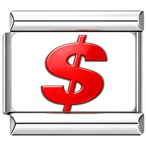 Macro detail of polished stainless steel modular charm link with red dollar sign design