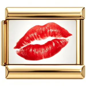 Close-up of golden stainless steel modular bracelet charm with red lip print design