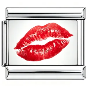 Detailed view of polished stainless steel modular bracelet link with red lip print charm