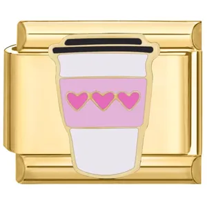 Eslabón de acero inoxidable dorado con diseño de taza de café de esmalte y corazones.