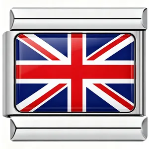 Detailed close-up of a stainless steel modular charm link with a colorful UK flag