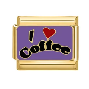 Eslabón italiano bañado en oro con 'I Heart Coffee' sobre esmalte púrpura