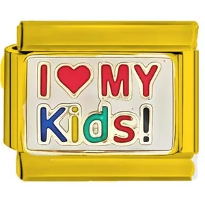 Detailed macro shot of 18K gold plated stainless steel modular charm link with I Love My Kids
