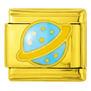 Detailed view of gold stainless steel Italian charm link featuring a blue planet design