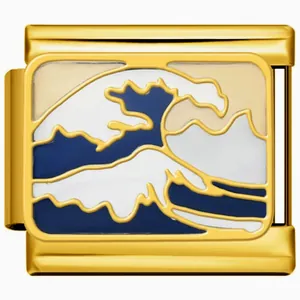 Detailed macro view of gold plated bracelet link featuring Kanagawa Great Wave design