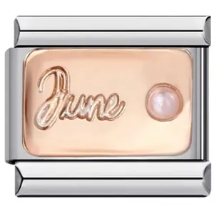 Nahaufnahme des Juni Modul Charm Glieds mit Roségold Finish und zarter Perle