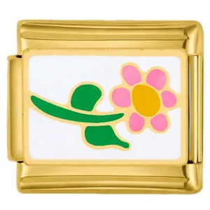 Close-up view of a gold stainless steel modular bracelet charm featuring a pink flower