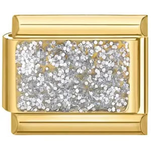 Gedetailleerde macro-opname van goudkleurige stalen charm met zilveren glitter inlay.