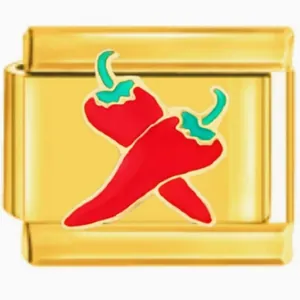 Gold stainless steel Italian charm link with red chili pepper design detail