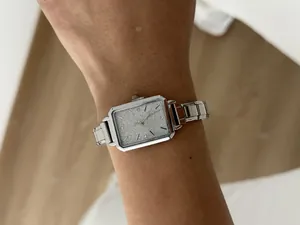 Elegant women's rectangular quartz watch with silver stainless steel link bracelet