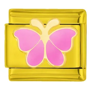 Detailed macro view of a golden 304 stainless steel modular bracelet charm with pink butterfly