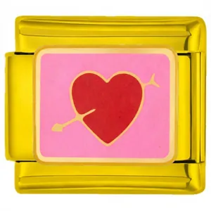 Detailed view of gold stainless steel modular charm with heart and arrow design