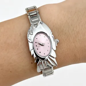 Unique fish-shaped ladies watch with pink dial and silver stainless steel strap