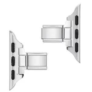 Close-up of silver stainless steel watch band connectors for DIY bracelet assembly