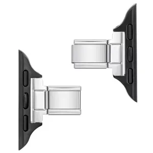 Close-up of stainless steel watch band connectors in silver and black finish