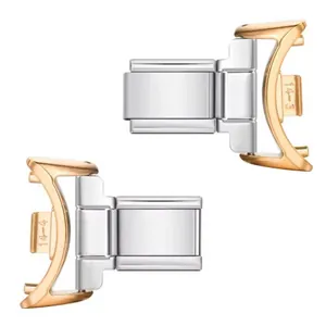 Detail view of two-tone stainless steel watch strap connectors for DIY metal bands.