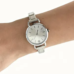Minimalist silver stainless steel modular link wristwatch with sunburst dial for women