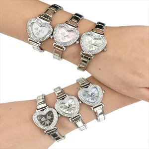 Women Fashion Heart Case Rhinestone Quartz Watch Modular Stainless Steel Band DIY Bracelet Watch Casual Ladies Wristwatch