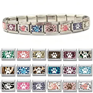 Maillons de Charm Italiens en Acier Inoxydable pour Bracelet DIY Bijoux Imprimé Léopard Empreinte de Patte pour Femmes