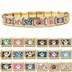Gold Edelstahl Italienisches Charm-Glied Armband Pfotenabdruck Leopardenmuster DIY Modulares Schmuckzubehör Für Damen Mädchen
