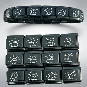 Zwölf Sternzeichen Schwarz Italienische Charm Links Edelstahl DIY Armband Module Lasergravur Stern Mond Schmuck Links