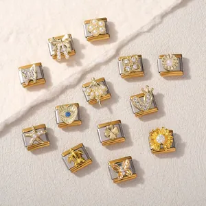 Eslabones de pulsera de dijes italianos en oro y plata con perlas y diamantes de imitación