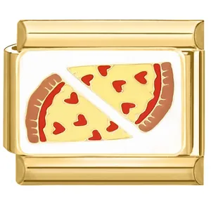 Close-up of a stainless steel gold modular bracelet charm with heart pizza design
