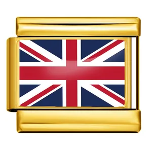 Close-up of gold-plated stainless steel modular charm with UK Union Jack flag design