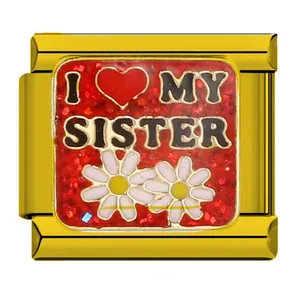 Close-up of gold modular bracelet charm with 'I Love My Sister' text and daisies