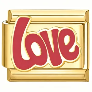 Elegant gold-plated stainless steel modular charm link featuring a red 'love' script design