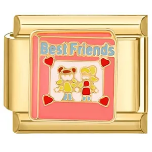 Detailed view of 18K gold plated modular bracelet link with pink Best Friends design