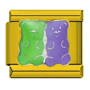 Gold stainless steel modular charm for DIY bracelets featuring green and purple gummy bears