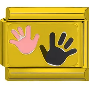 Detailed view of 18K gold plated stainless steel modular charm with handprint design