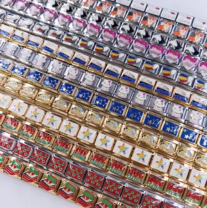 Collection of DIY stainless steel Italian modular charm links with colorful enamel art