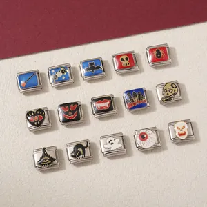 Detailed view of Halloween stainless steel Italian charm links with various festive motifs