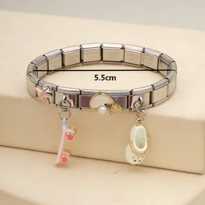 Close-up of stainless steel modular bracelet with colorful charms and 5.5cm size