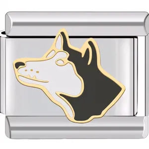 Detailed close-up of a gold-trimmed husky dog head charm for modular DIY stainless steel bracelets