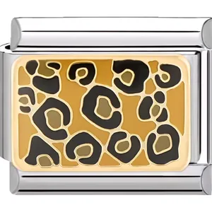 Detailed view of a leopard print enamel Italian charm link made of stainless steel
