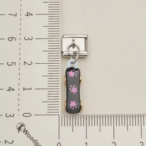 Stainless steel Italian modular charm with pink star skateboard pendant on ruler