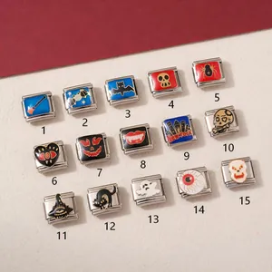 Halloween theme stainless steel Italian modular charms with spooky designs for DIY bracelets