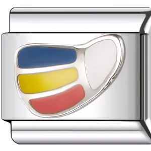 Detail view of a stainless steel Italian charm link featuring a colorful striped mask design.