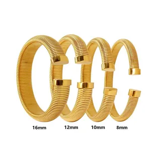 Vier Breiten goldener Edelstahl-Spiralamreifen: 16 mm, 12 mm, 10 mm und 8 mm Details