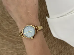 Close-up of a gold modular stainless steel watch with a glitter dial on a wrist.