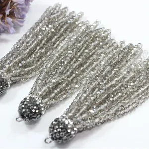 Elegant grey faceted crystal tassel pendant with sparkling rhinestone cap for DIY jewelry