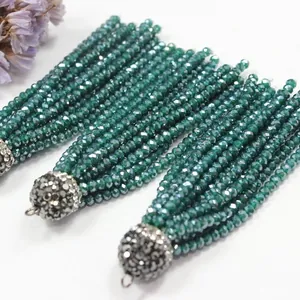 Emerald green crystal bead tassels with rhinestone caps for DIY jewelry making