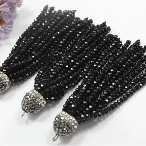 Black faceted bead tassels with sparkling rhinestone caps for DIY jewelry making