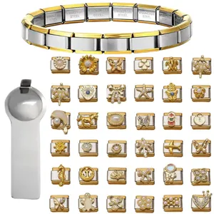 Conjunto detallado de charms italianos oro y plata con pulsera de acero inox