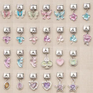 Edelstahl Italienischer Anhänger Link Schmetterling Blume Herz Stern Klee Emaille Strass DIY Armband Zubehör