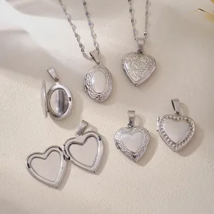 Vintage Stainless Steel Carved Locket Pendant Heart Oval Shape Openable Photo Frame Pendant For DIY Jewelry Making Accessories