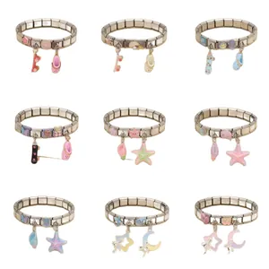 Stainless steel Italian charm bracelets with ocean theme dangles, set of nine styles